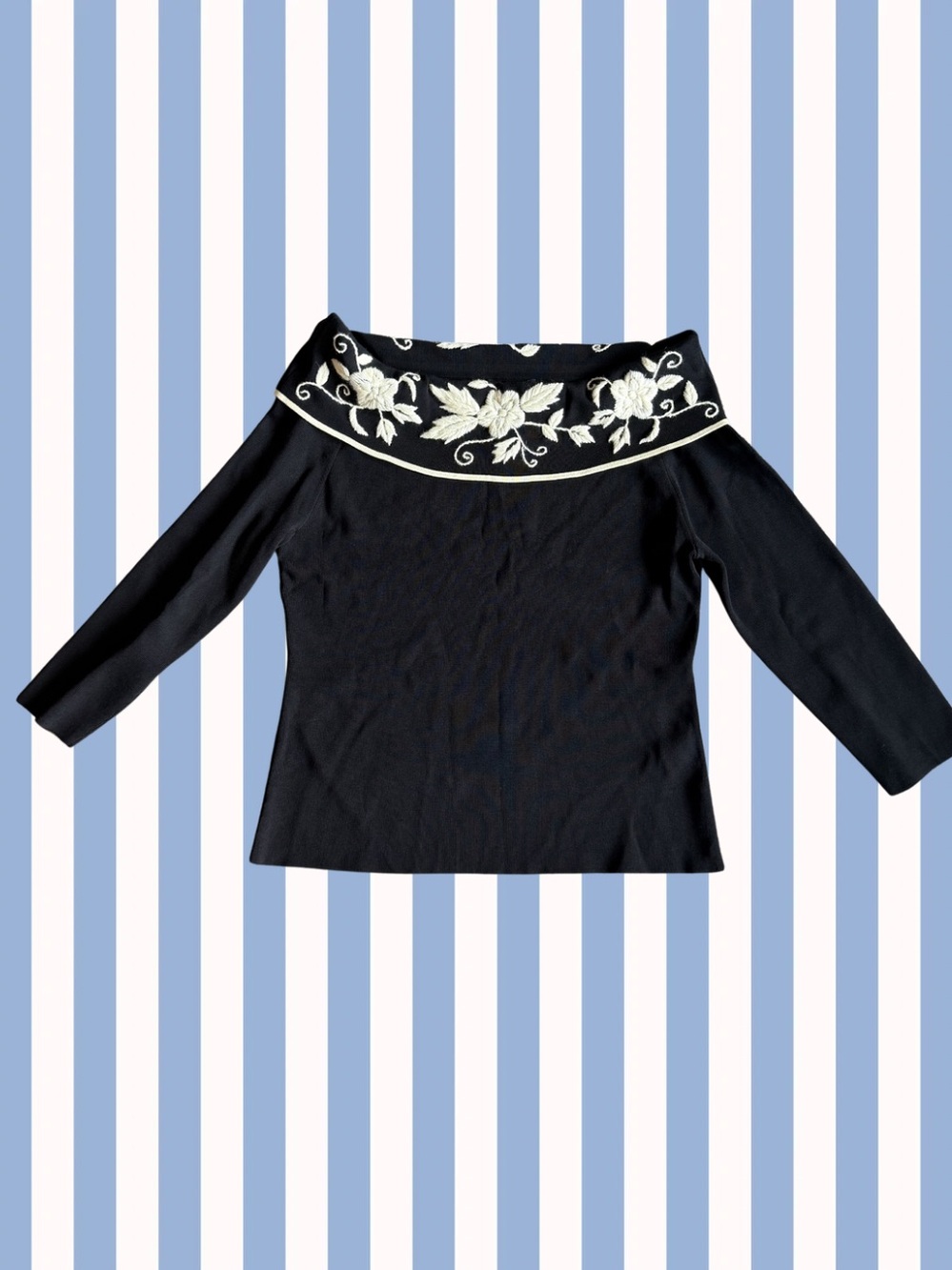 BCBG - Black Off-Shoulder Top with White Floral Embroidery - Size XL